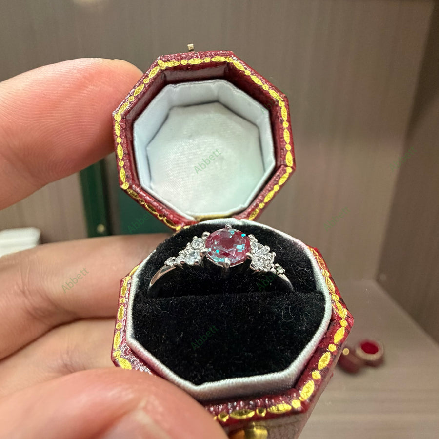Minimalist Round Lab-Grown Alexandrite Cluster Ring | 0.63ct Dainty Diamond Accent Promise Ring