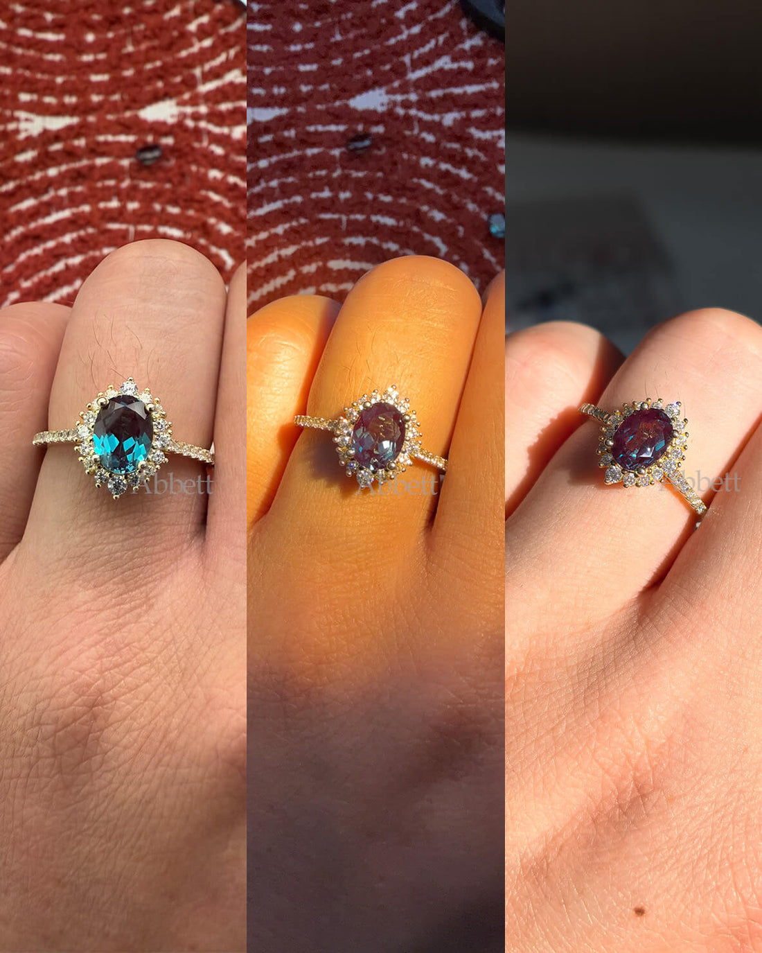 Lab-grown alexandrite changing from bluish green in daylight to purplish red in warm light
