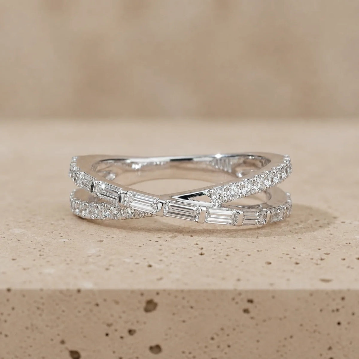 0.85 CTW Baguette & Round Lab-Grown Diamond Crossover Double Wedding Band