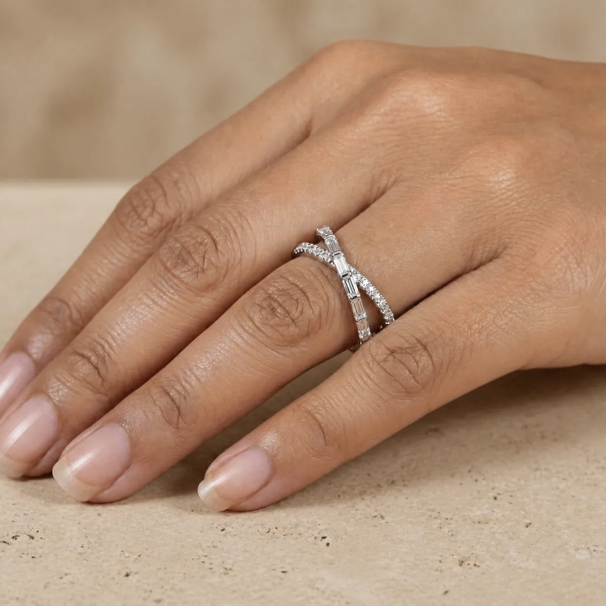 0.85 CTW Baguette & Round Lab-Grown Diamond Crossover Double Wedding Band