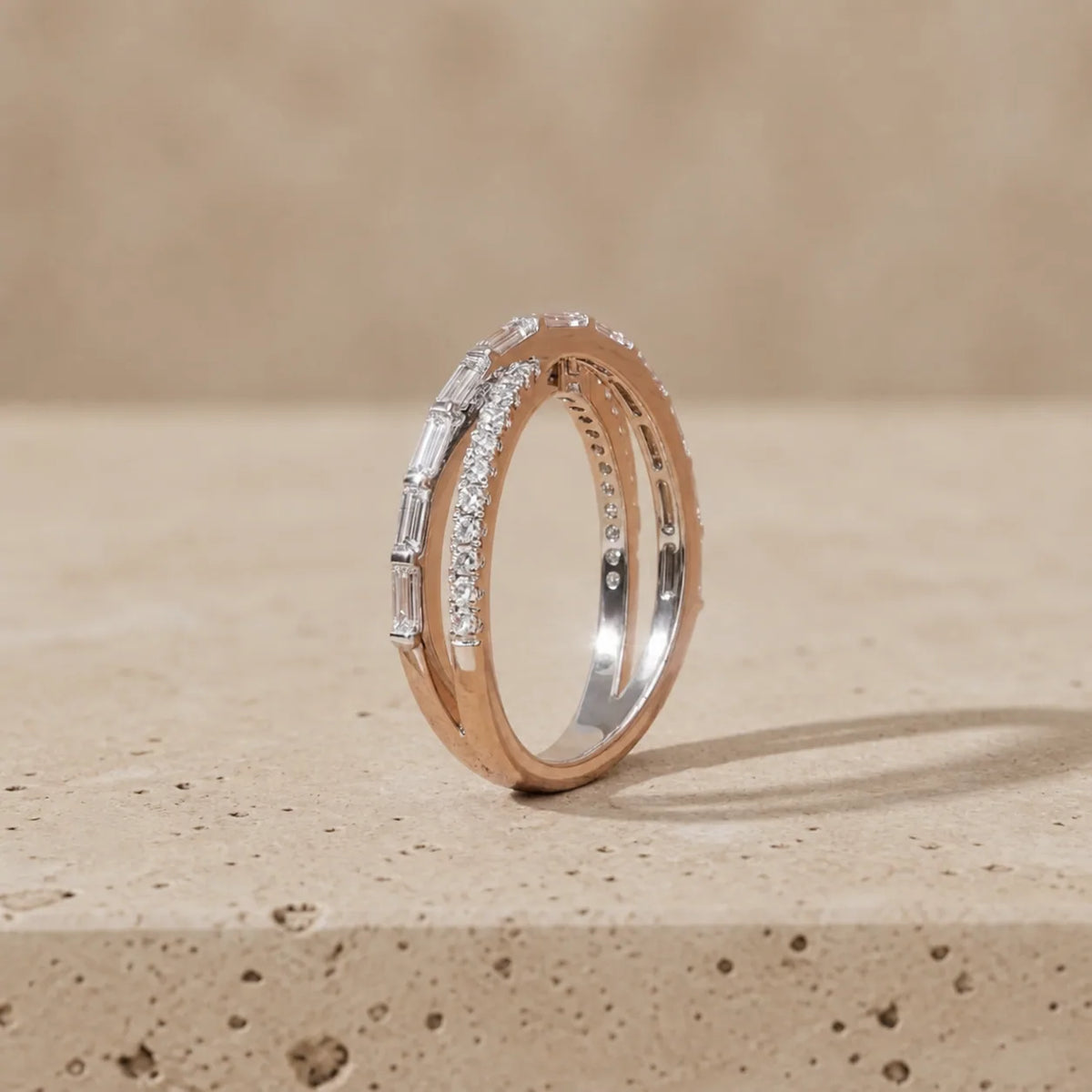 0.85 CTW Baguette & Round Lab-Grown Diamond Crossover Double Wedding Band