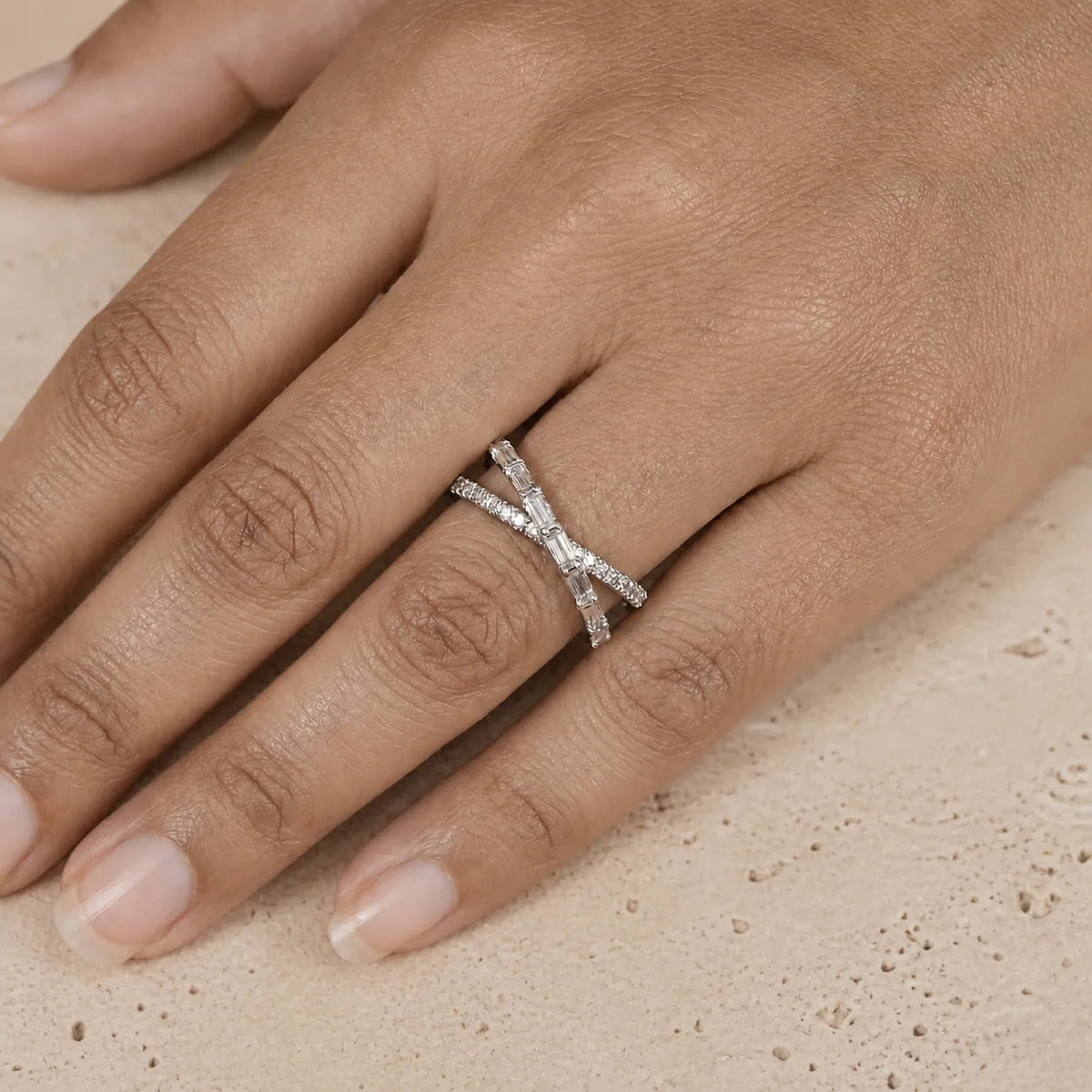 0.85 CTW Baguette & Round Lab-Grown Diamond Crossover Double Wedding Band