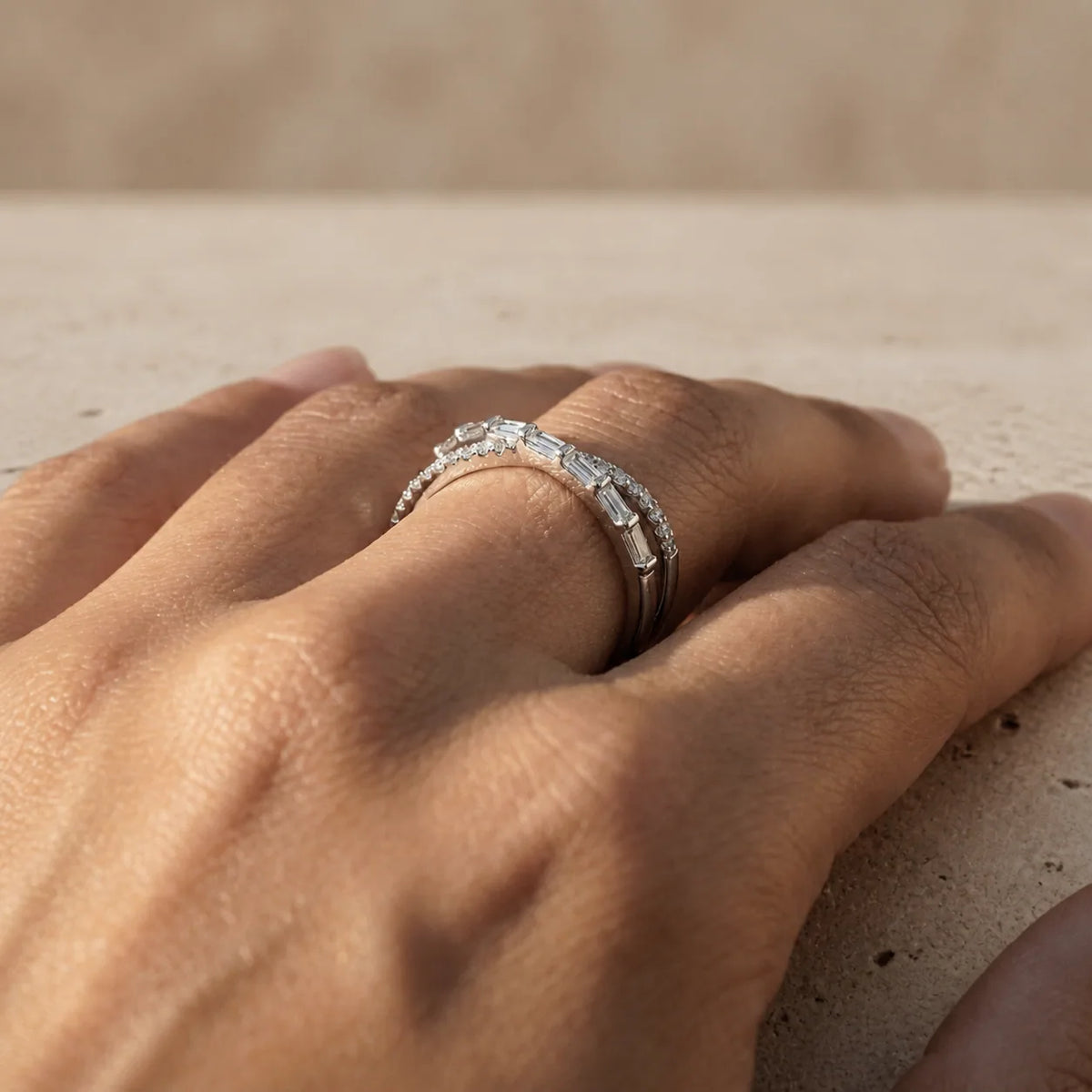 0.85 CTW Baguette & Round Lab-Grown Diamond Crossover Double Wedding Band