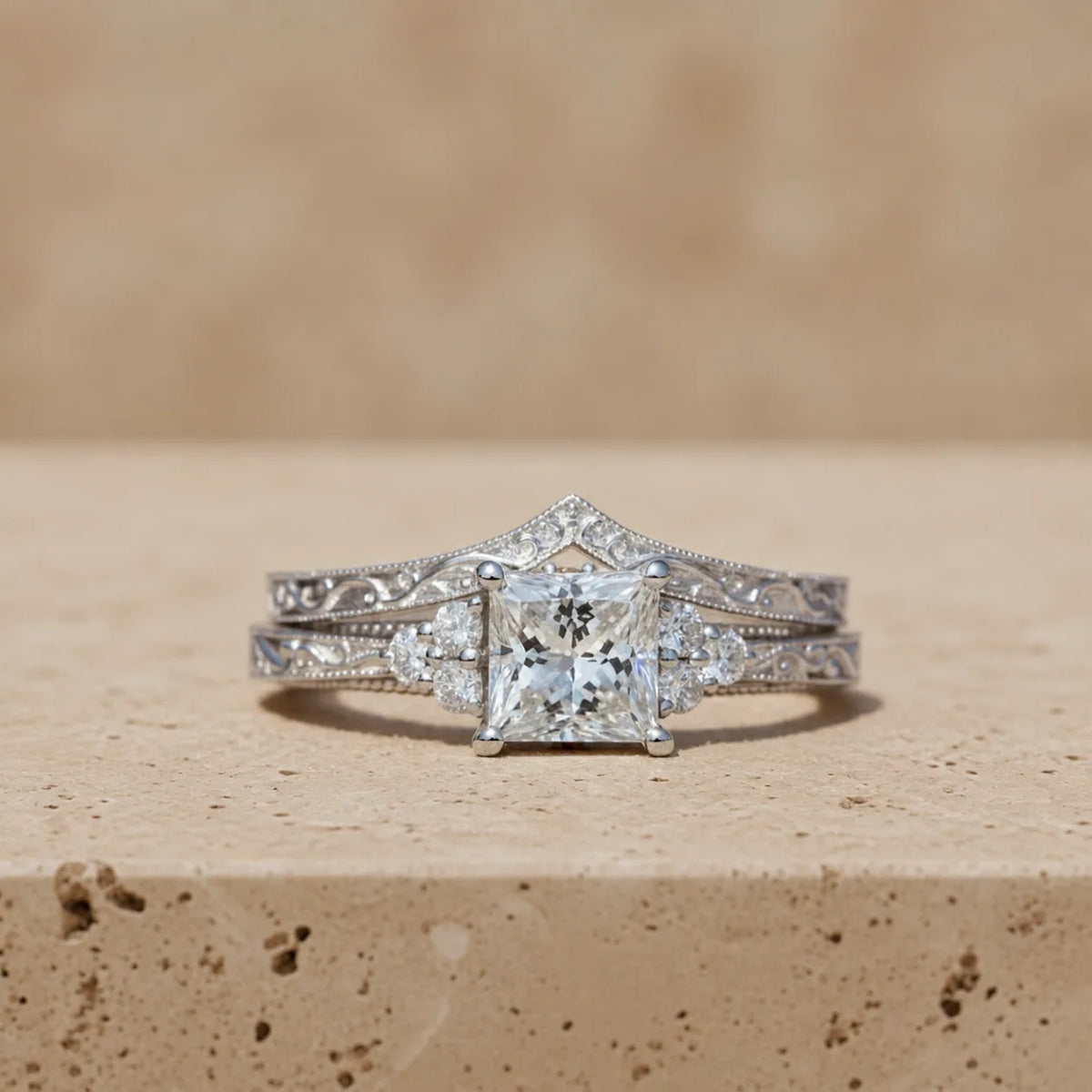 1.25 CT Princess Cut Lab-Grown Diamond Cluster Bridal Ring Set