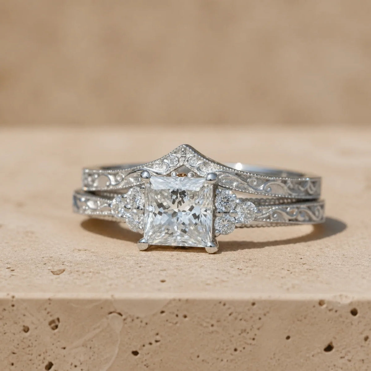 1.25 CT Princess Cut Lab-Grown Diamond Cluster Bridal Ring Set