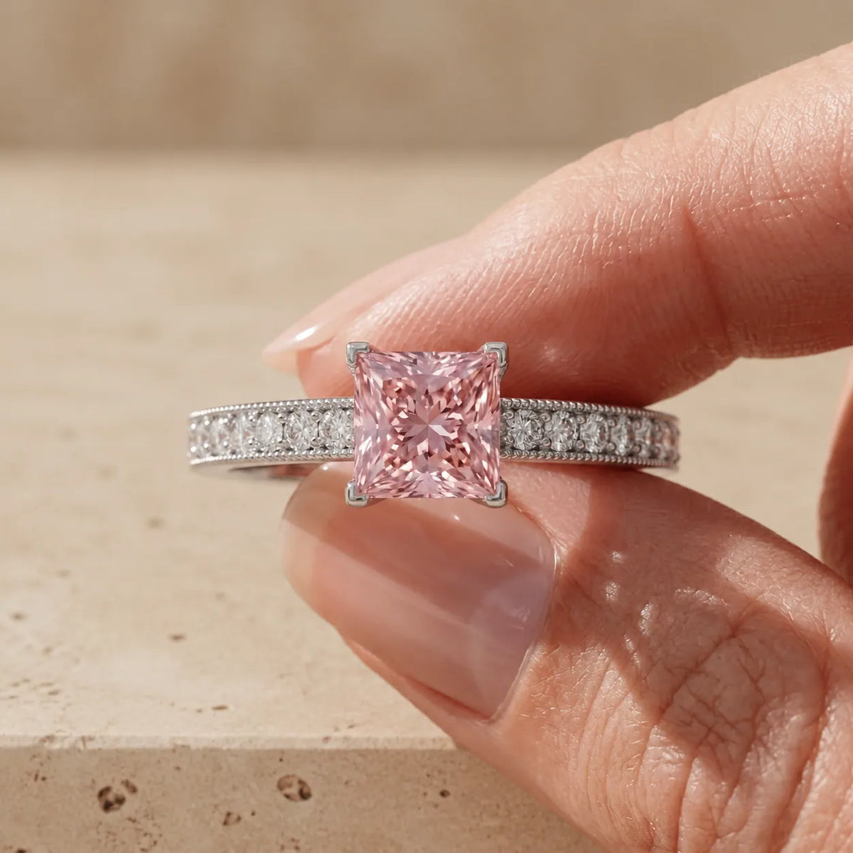 1.2 CT Fancy Pink Princess Cut Lab-Grown Diamond Vintage Milgrain Engagement Ring