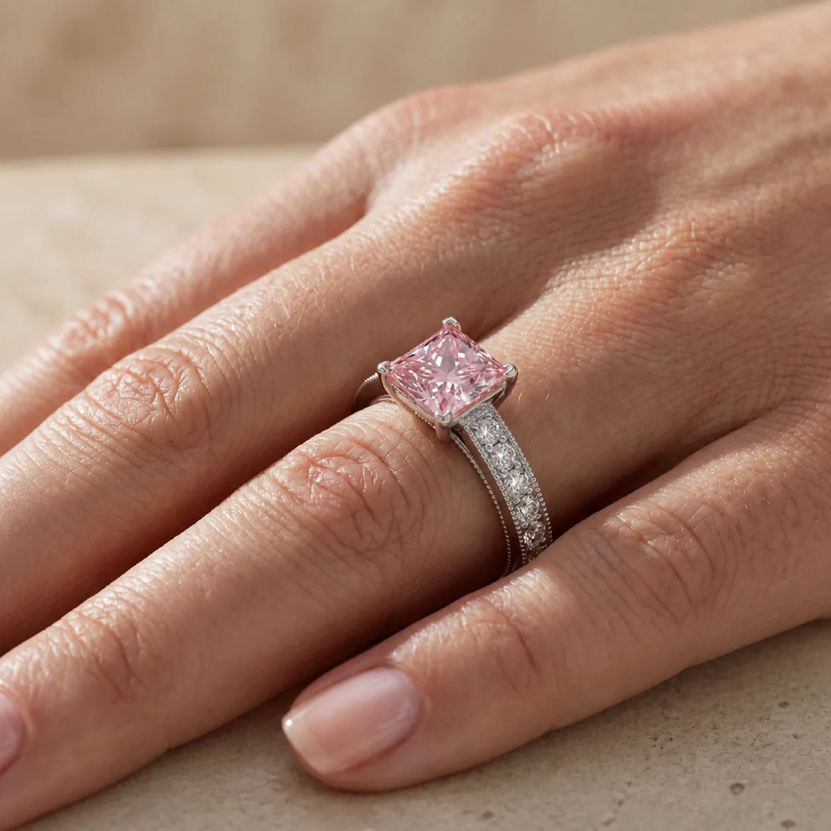 1.2 CT Fancy Pink Princess Cut Lab-Grown Diamond Vintage Milgrain Engagement Ring