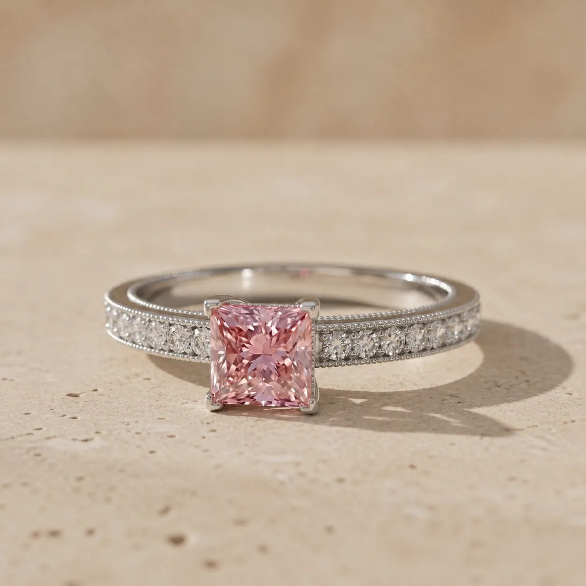1.2 CT Fancy Pink Princess Cut Lab-Grown Diamond Vintage Milgrain Engagement Ring