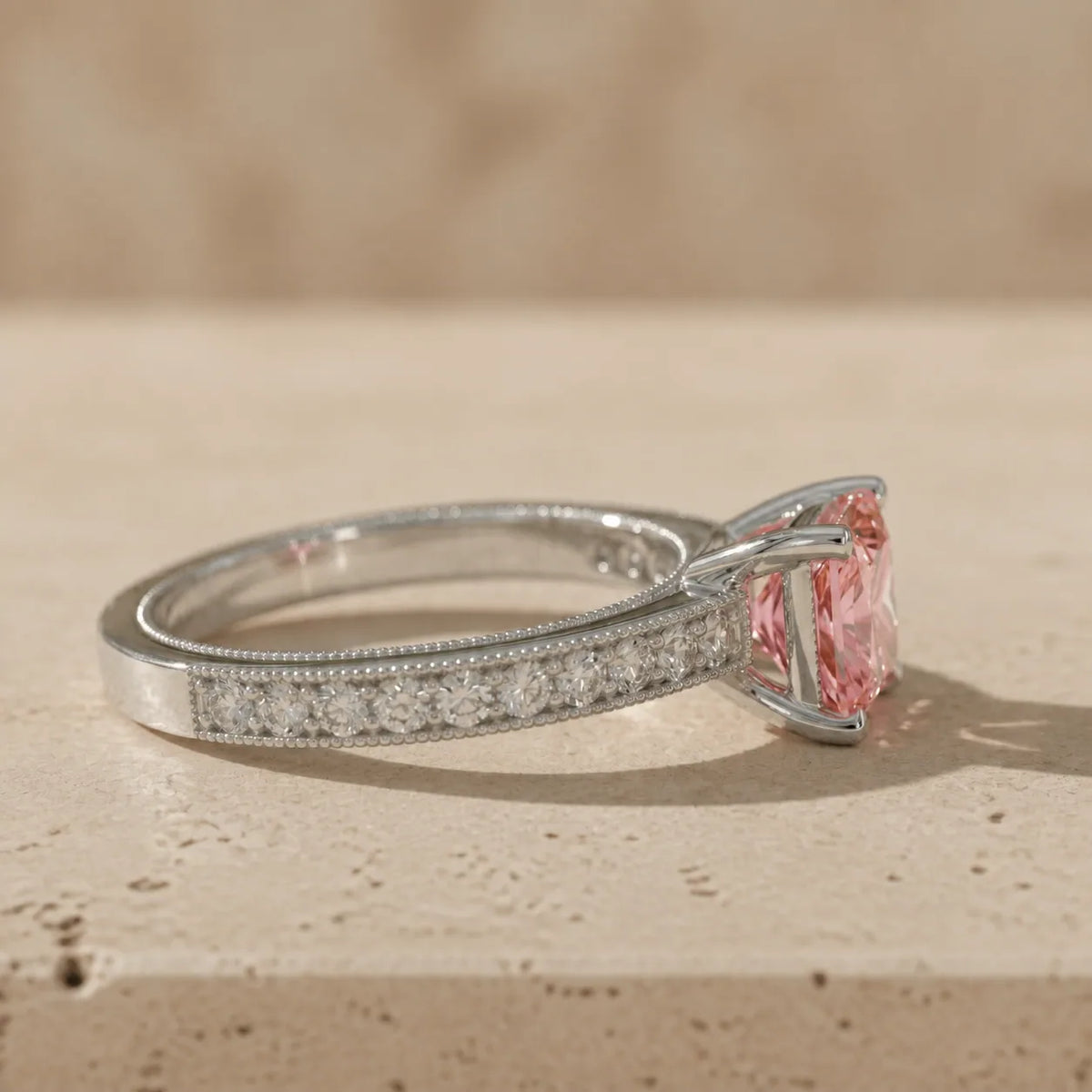 1.2 CT Fancy Pink Princess Cut Lab-Grown Diamond Vintage Milgrain Engagement Ring