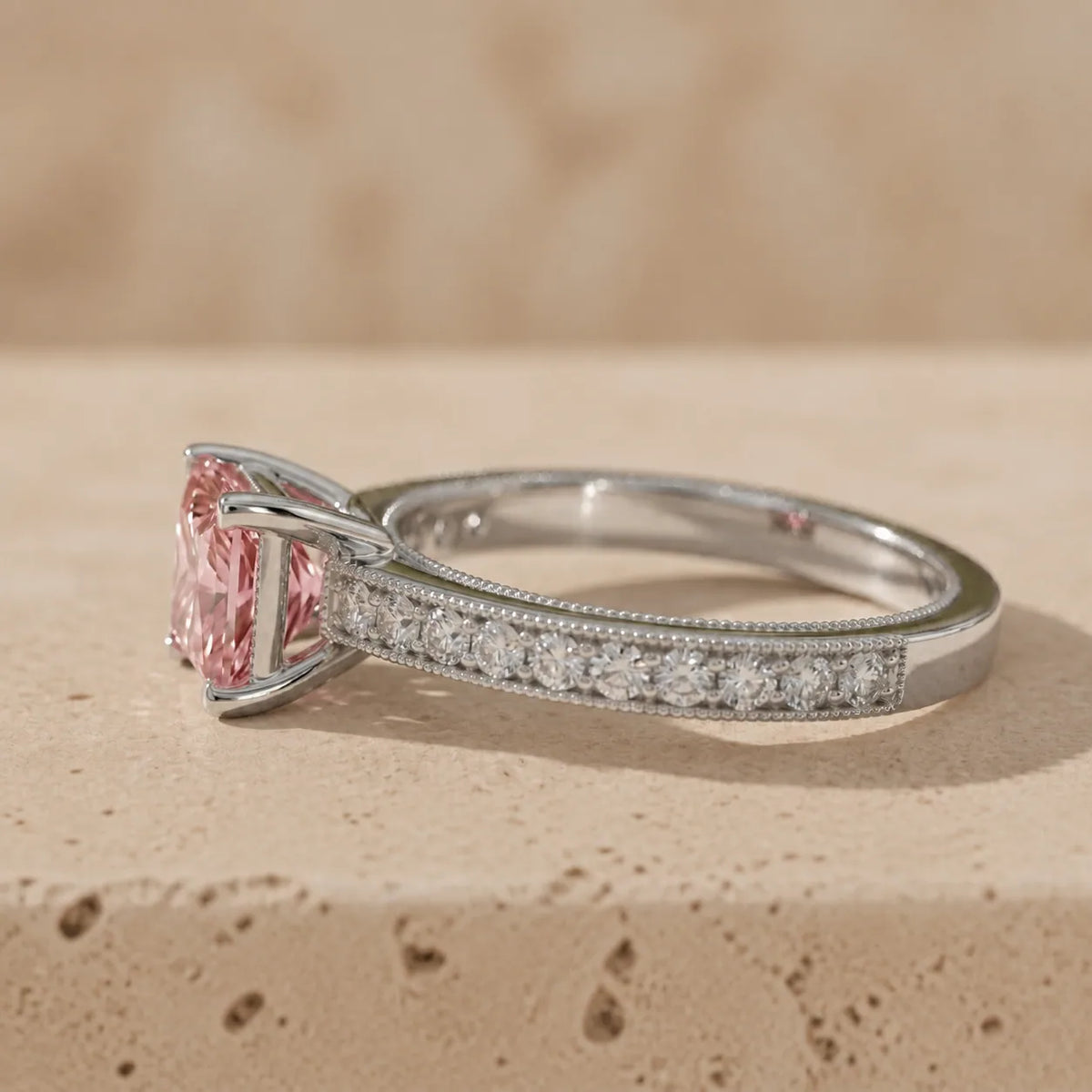 1.2 CT Fancy Pink Princess Cut Lab-Grown Diamond Vintage Milgrain Engagement Ring