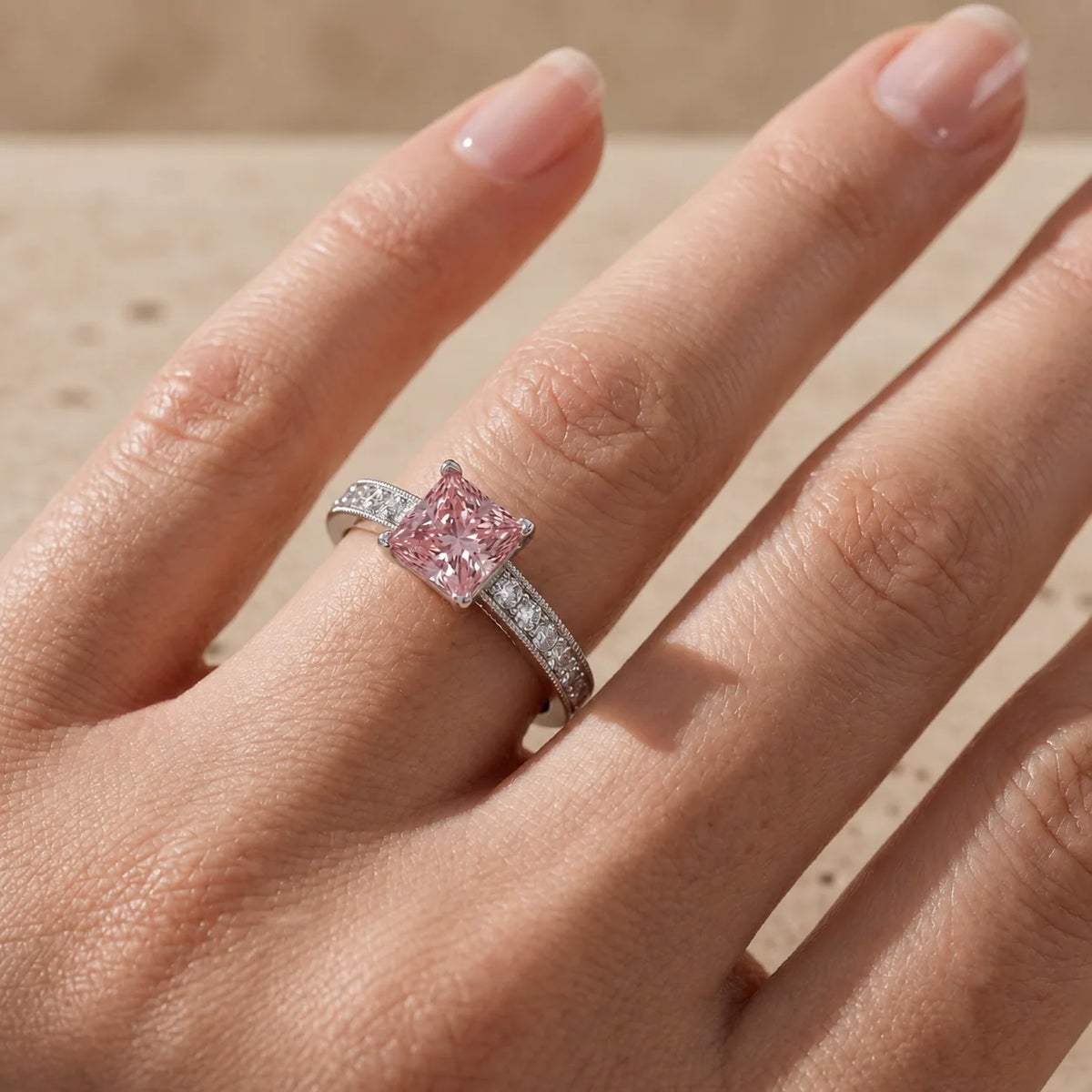 1.2 CT Fancy Pink Princess Cut Lab-Grown Diamond Vintage Milgrain Engagement Ring