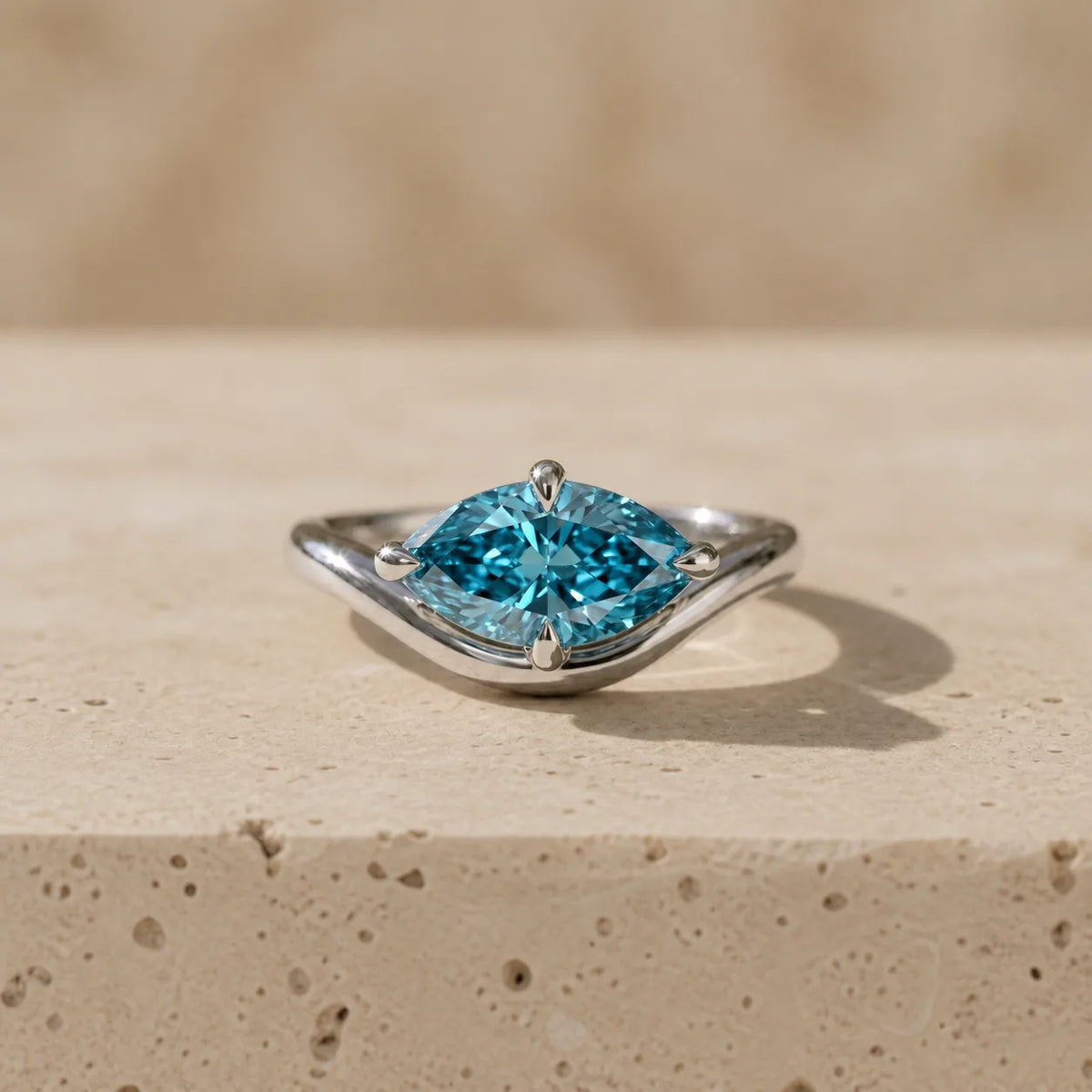 1.5 CT Fancy Vivid Blue Marquise Cut Lab-Grown Diamond Bypass Solitaire Engagement Ring