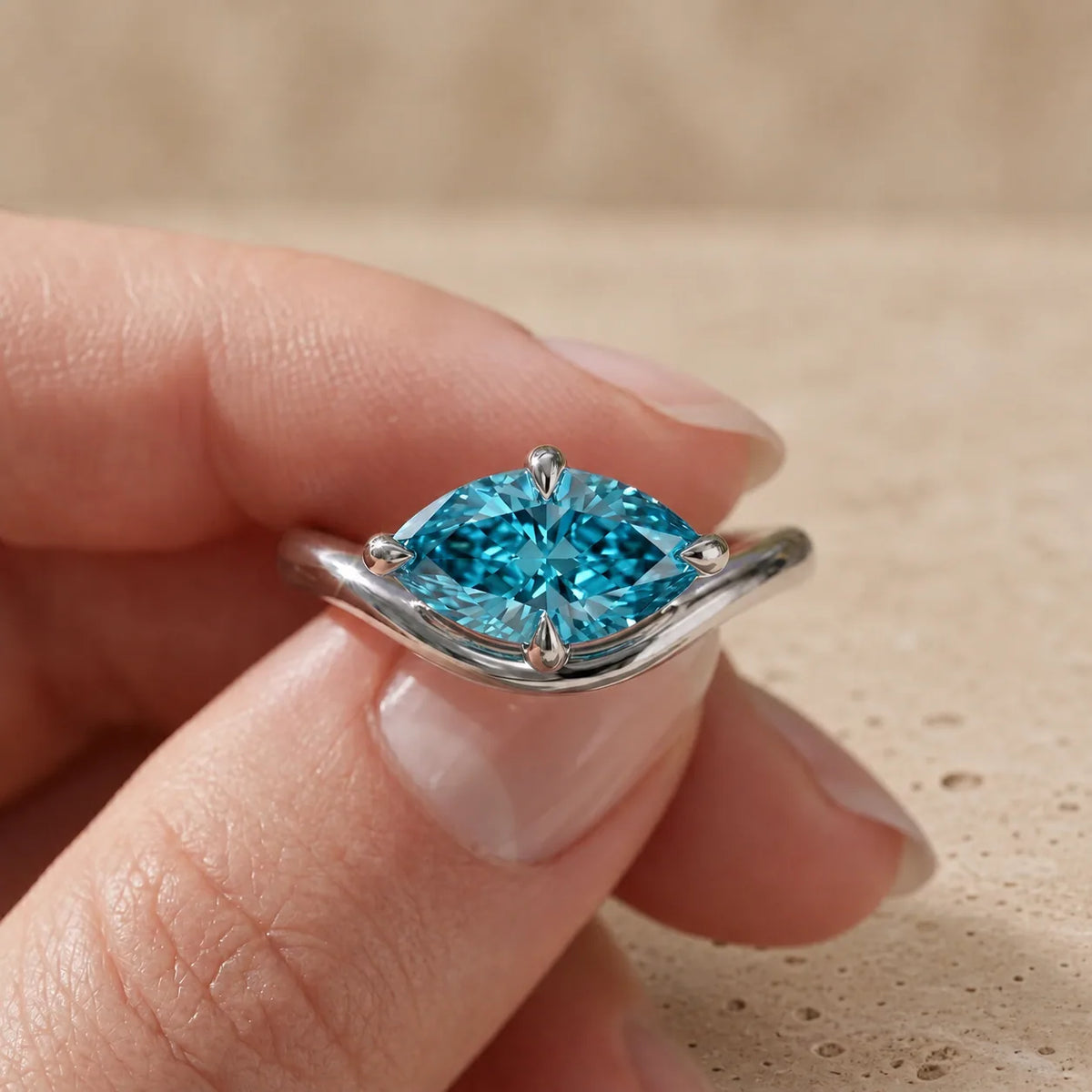 1.5 CT Fancy Vivid Blue Marquise Cut Lab-Grown Diamond Bypass Solitaire Engagement Ring