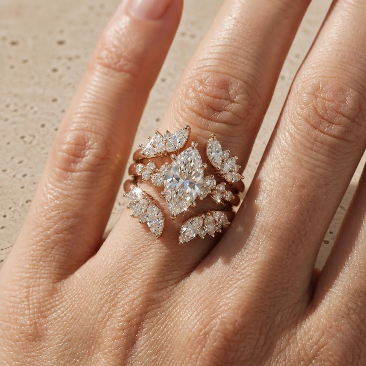 1.5 CT Marquise Cut Lab-Grown Diamond Cluster Bridal Ring Set