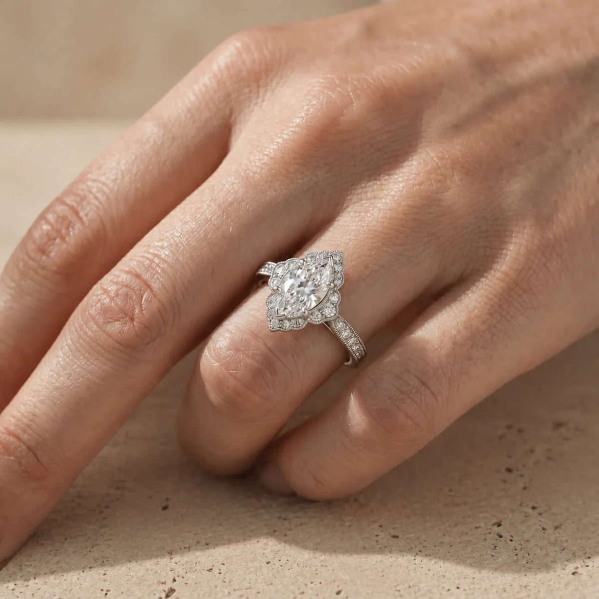 1.5 CT Marquise Cut Lab-Grown Diamond Halo Engagement Ring