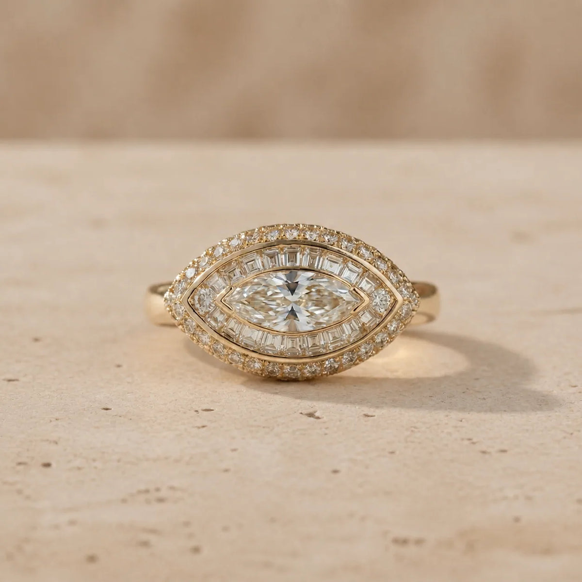 1 CT Marquise Cut Lab-Grown Diamond Art Deco Baguette Double-Halo Cocktail Ring
