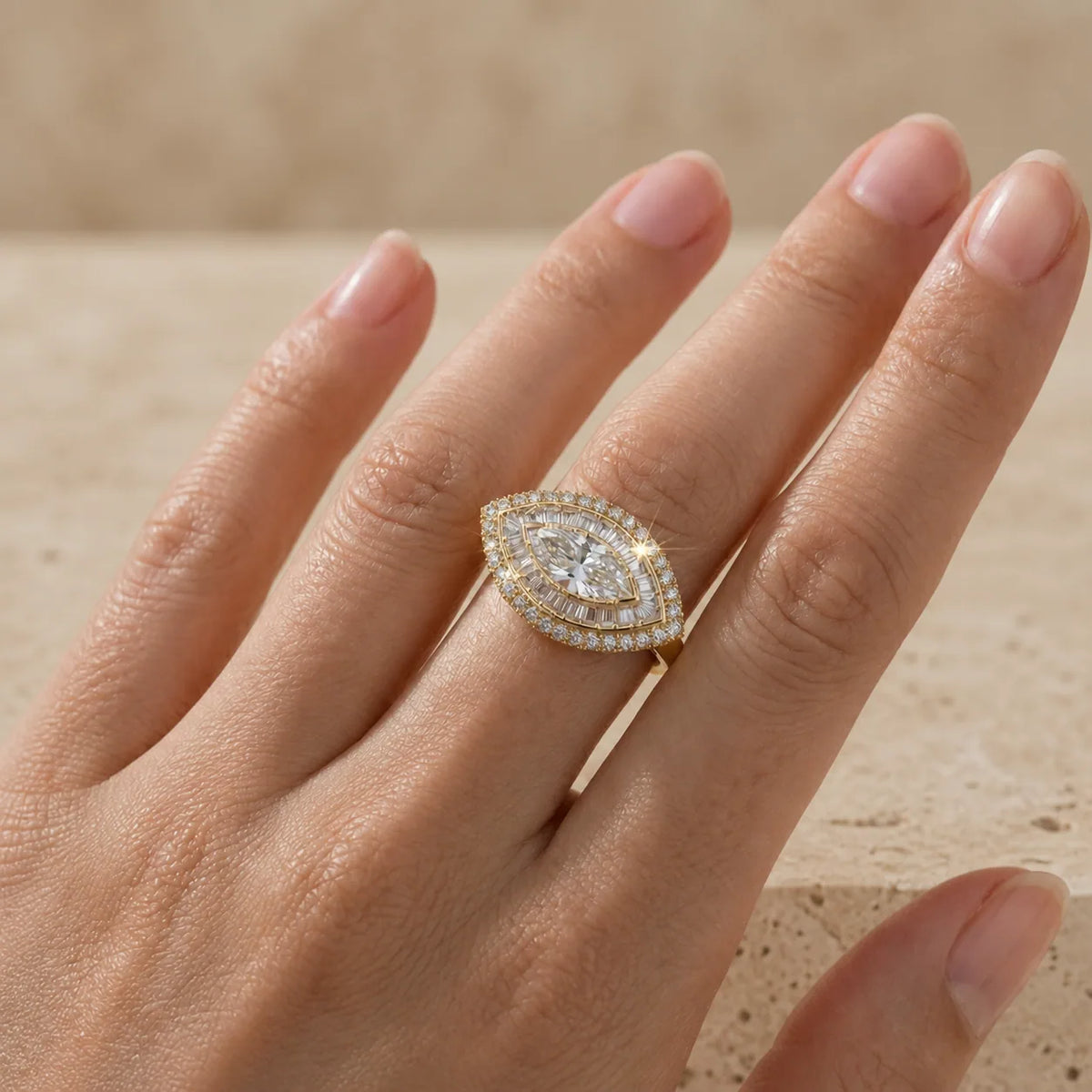 1 CT Marquise Cut Lab-Grown Diamond Art Deco Baguette Double-Halo Cocktail Ring