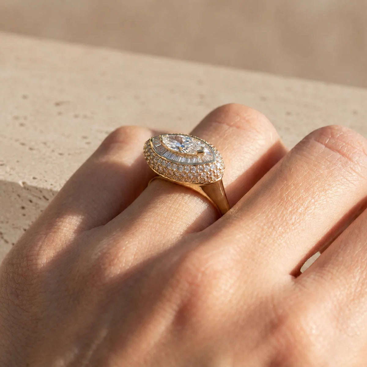 1 CT Marquise Cut Lab-Grown Diamond Art Deco Baguette Double-Halo Cocktail Ring