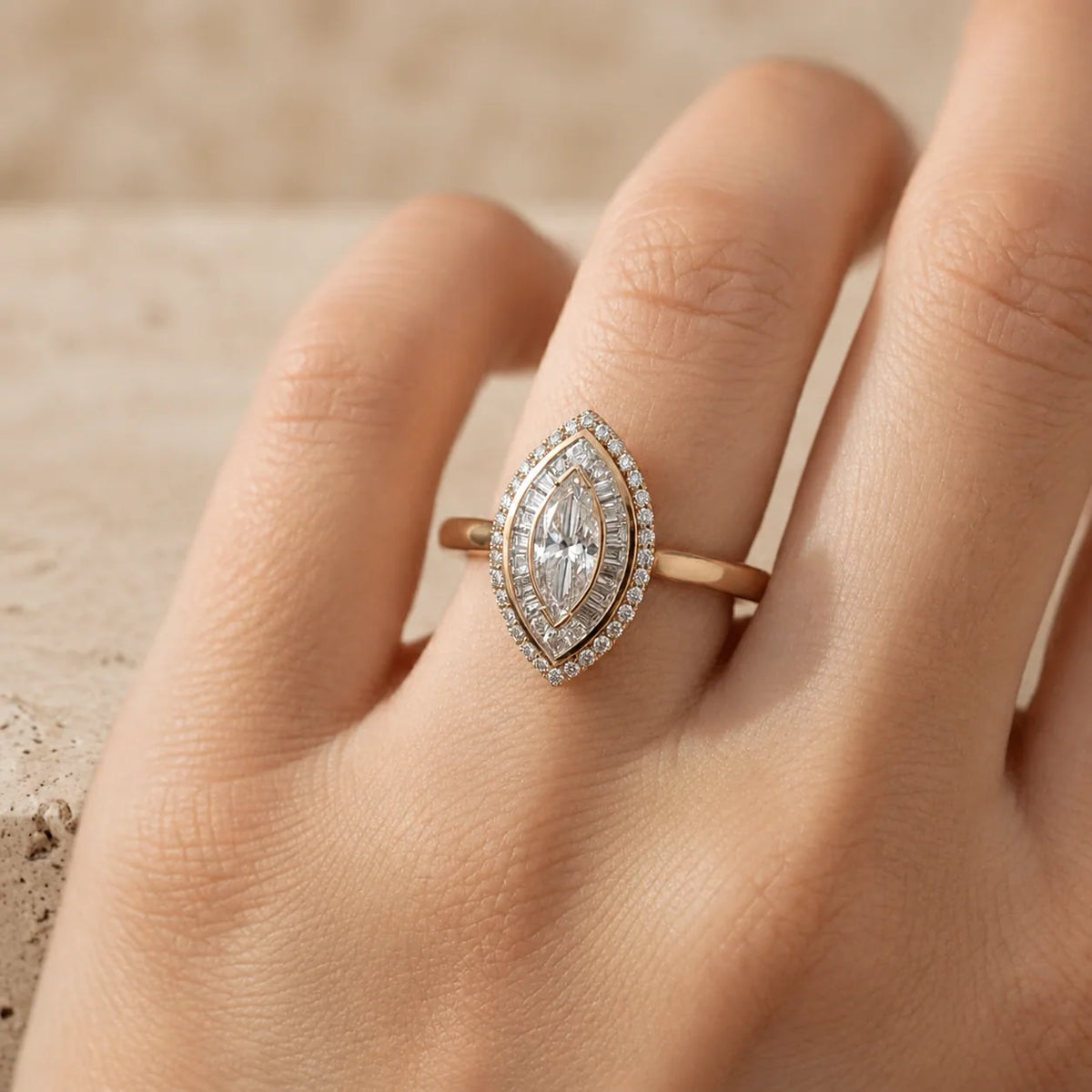 1 CT Marquise Cut Lab-Grown Diamond Art Deco Double-Halo Cocktail Ring