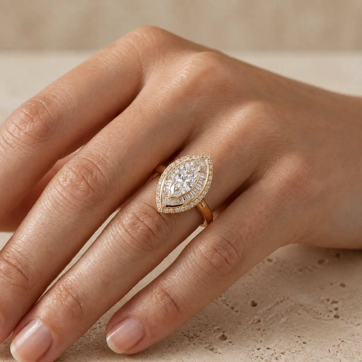1 CT Marquise Cut Lab-Grown Diamond Art Deco Double-Halo Cocktail Ring