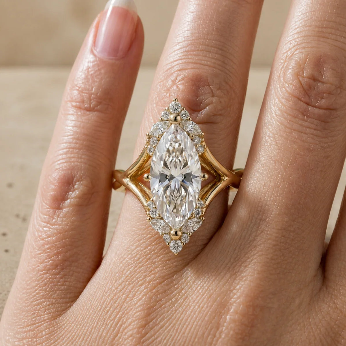1 CT Marquise Cut Lab-Grown Diamond Split-Shank Cluster Engagement Ring
