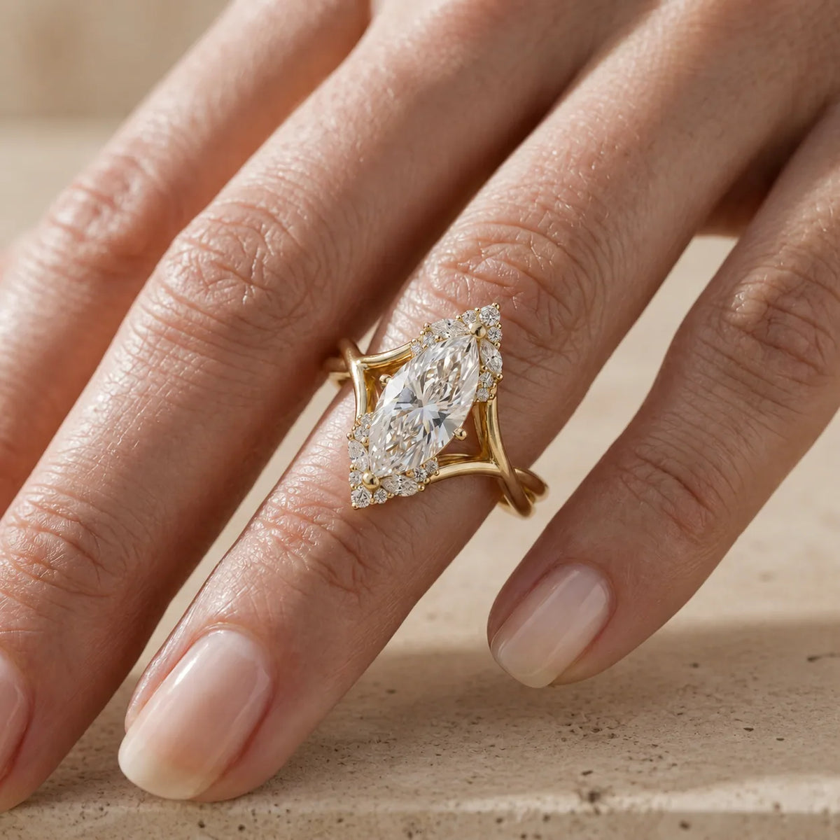 1 CT Marquise Cut Lab-Grown Diamond Split-Shank Cluster Engagement Ring