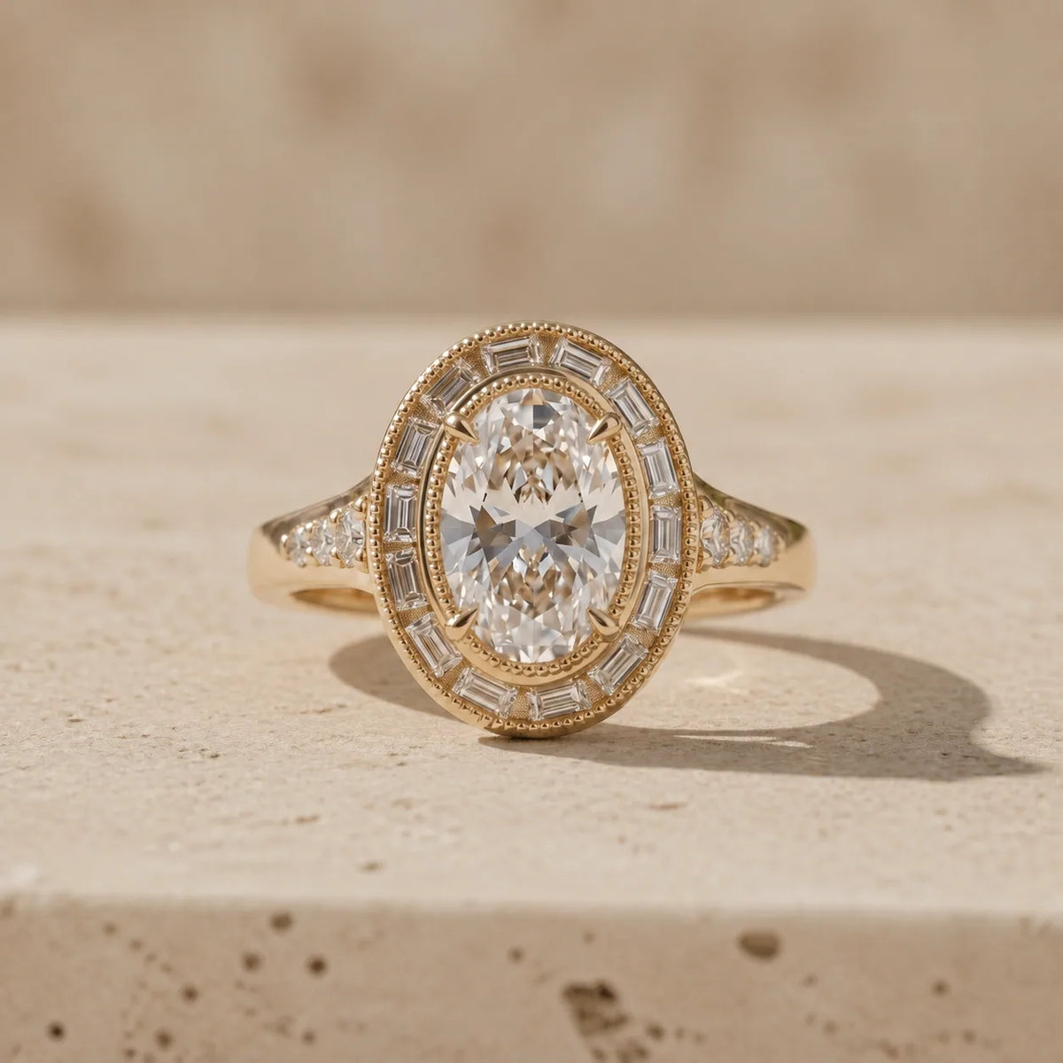 1 CT Oval Cut Lab-Grown Diamond Art Deco Baguette Halo Engagement Ring