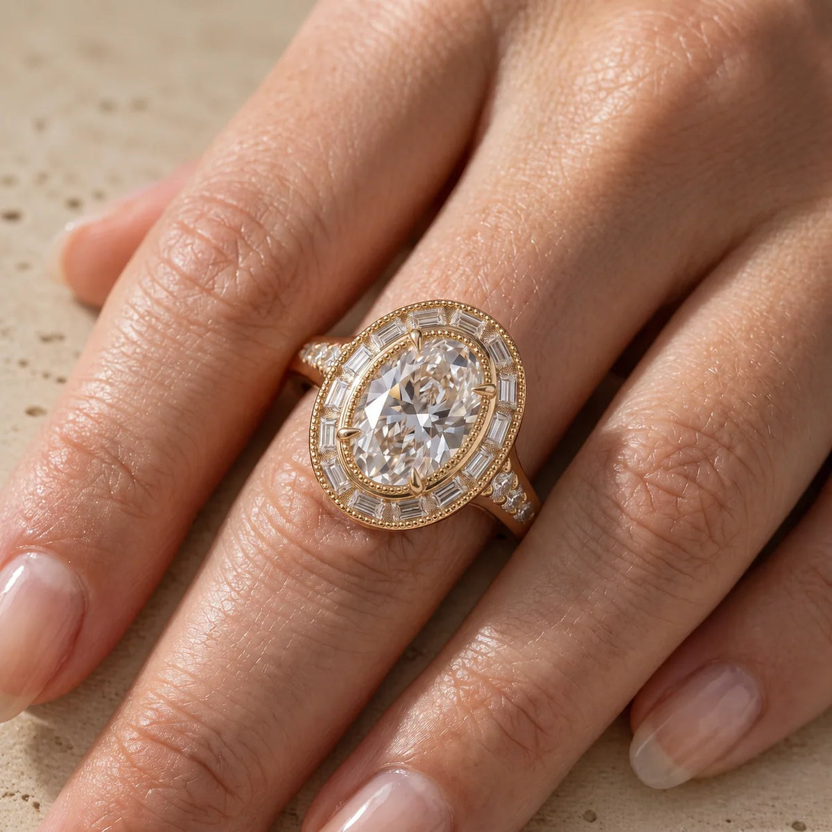 1 CT Oval Cut Lab-Grown Diamond Art Deco Baguette Halo Engagement Ring