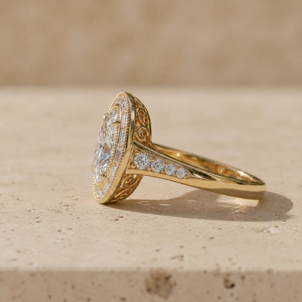 1 CT Oval Cut Lab-Grown Diamond Art Deco Baguette Halo Engagement Ring