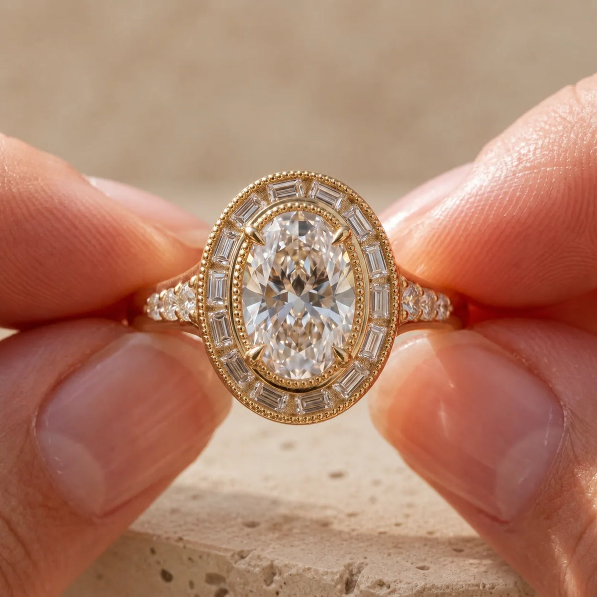 1 CT Oval Cut Lab-Grown Diamond Art Deco Baguette Halo Engagement Ring