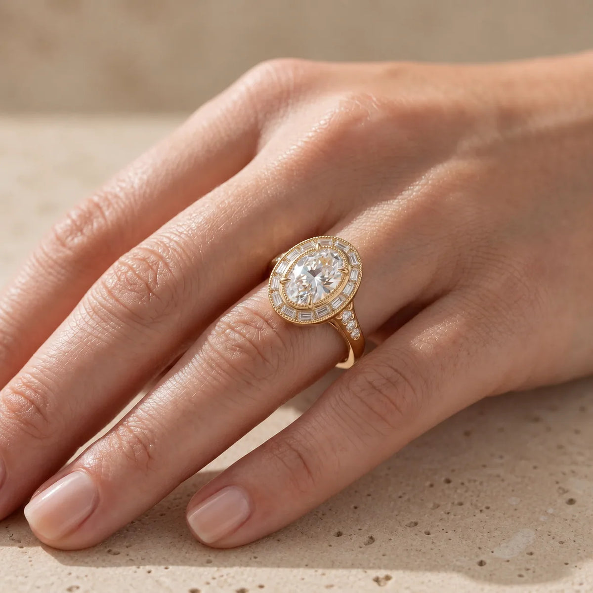 1 CT Oval Cut Lab-Grown Diamond Art Deco Baguette Halo Engagement Ring