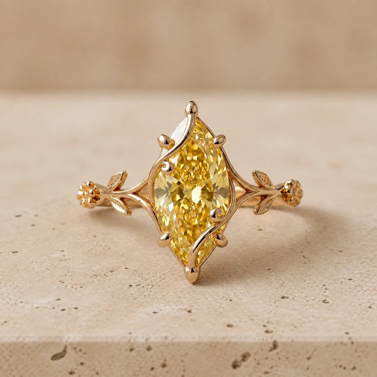 2.4 CT Fancy Vivid Yellow Marquise Lab-Grown Diamond Art Deco Nature-Inspired Engagement Ring
