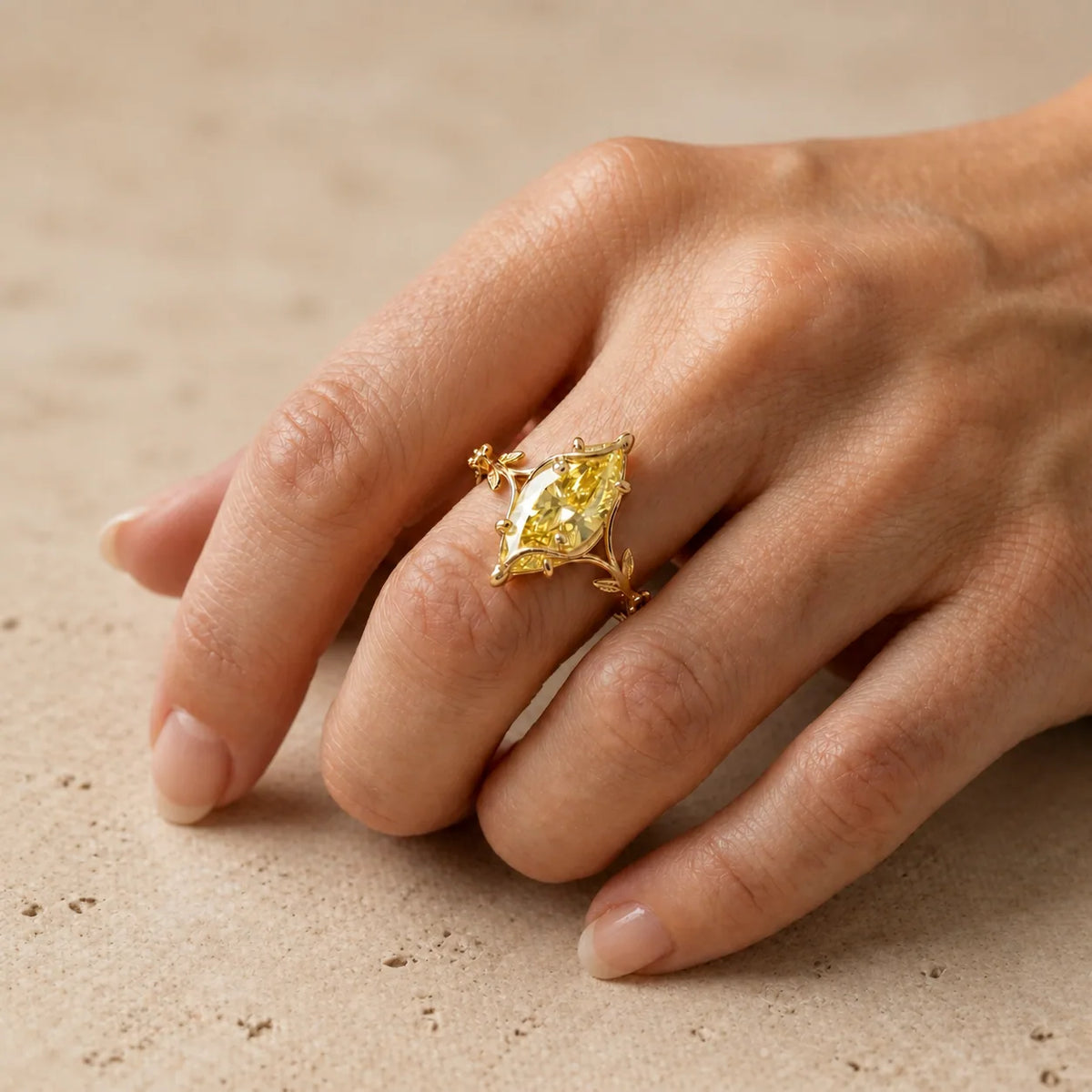 2.4 CT Fancy Vivid Yellow Marquise Lab-Grown Diamond Art Deco Nature-Inspired Engagement Ring