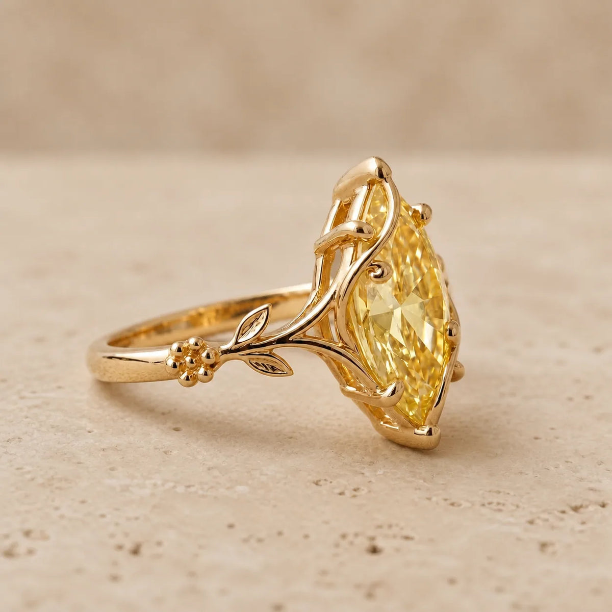 2.4 CT Fancy Vivid Yellow Marquise Lab-Grown Diamond Art Deco Nature-Inspired Engagement Ring