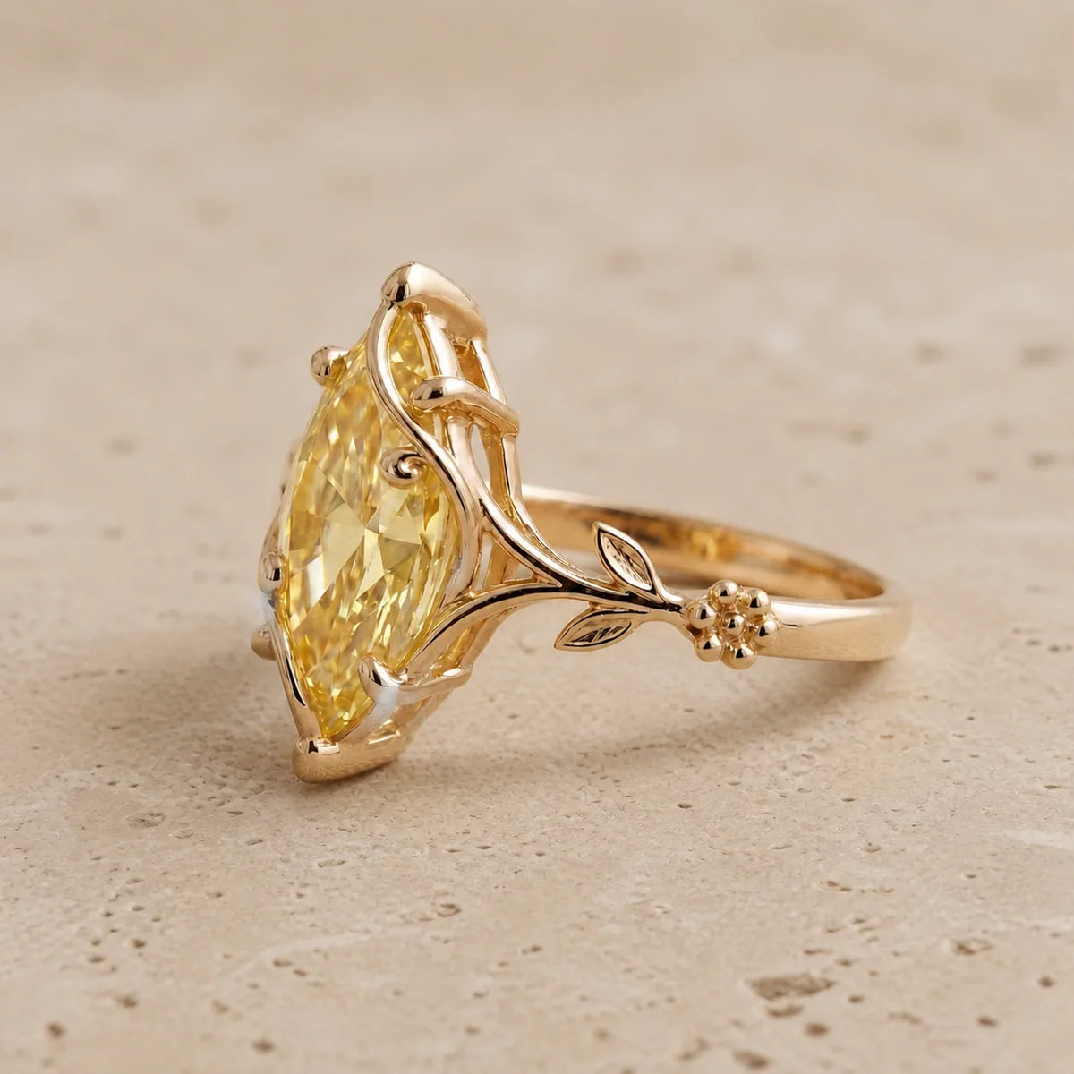 2.4 CT Fancy Vivid Yellow Marquise Lab-Grown Diamond Art Deco Nature-Inspired Engagement Ring