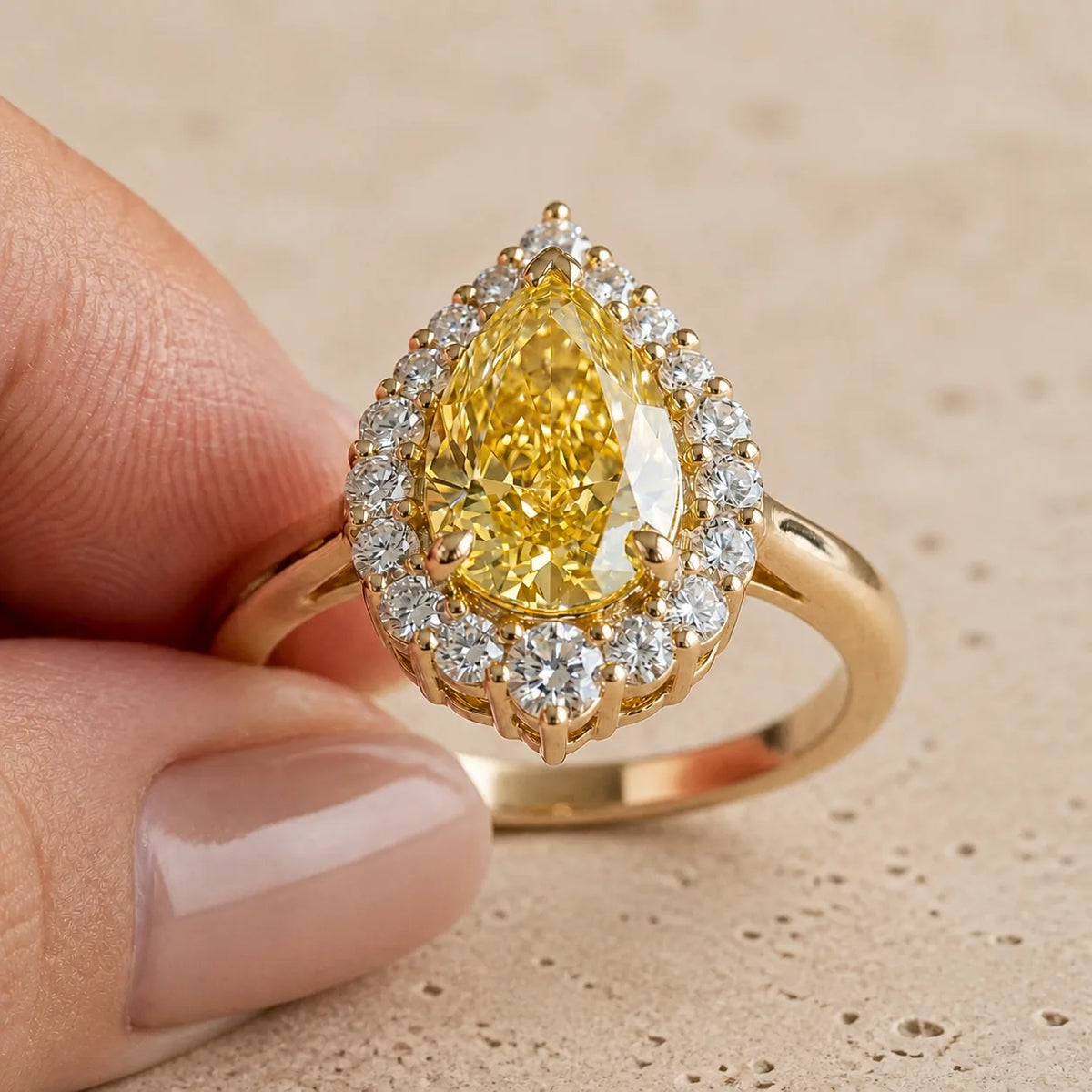 2.5 CT Fancy Vivid Yellow Pear Lab-Grown Diamond Art Deco Halo Engagement Ring