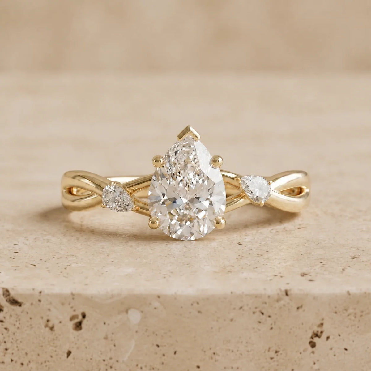 2.5 CT Pear Lab-Grown Diamond Three-Stone Split-Shank Leaf & Vine Engagement Ring
