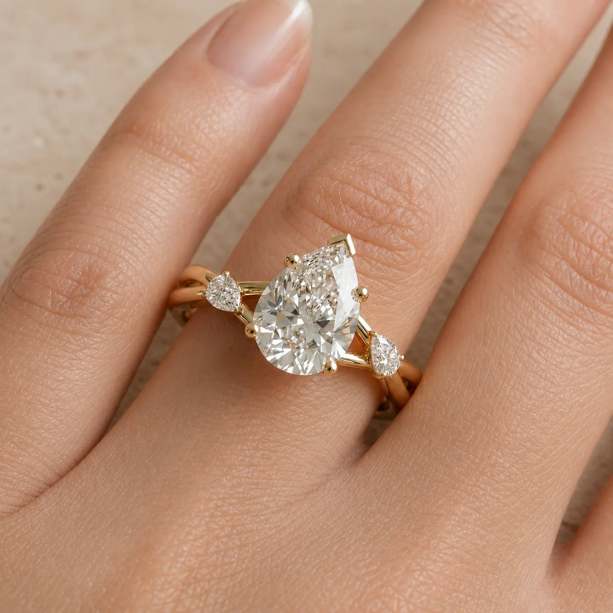 2.5 CT Pear Lab-Grown Diamond Three-Stone Split-Shank Leaf & Vine Engagement Ring