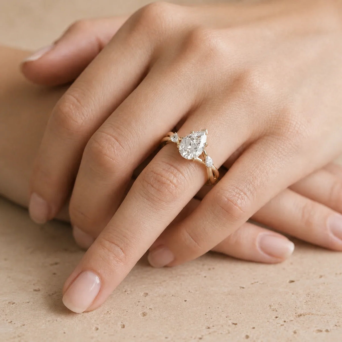 2.5 CT Pear Lab-Grown Diamond Three-Stone Split-Shank Leaf & Vine Engagement Ring