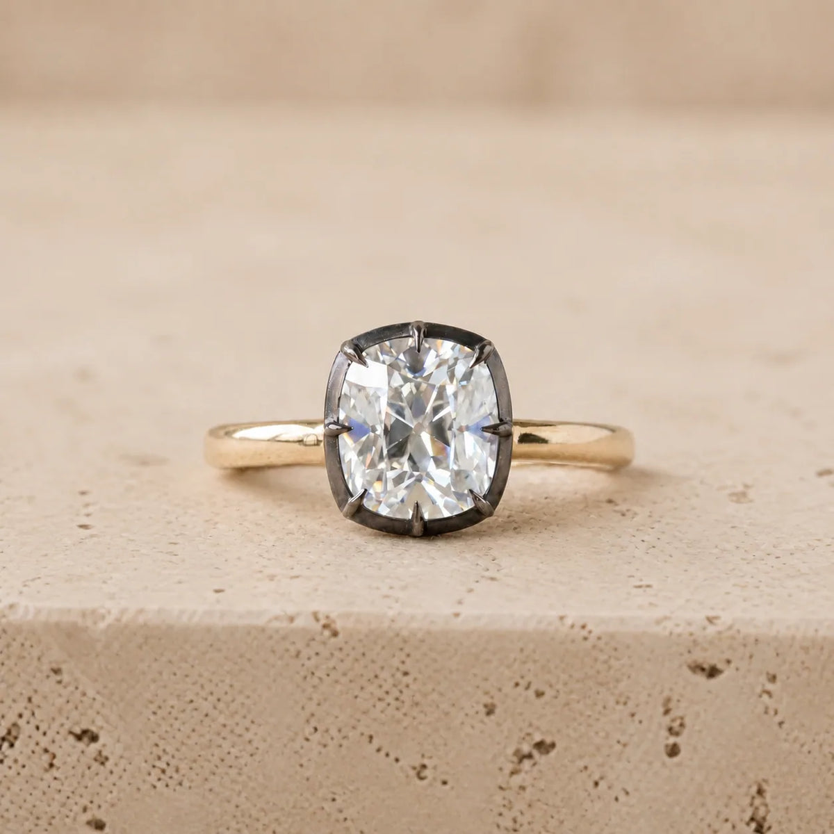 2.6 CT Cushion Lab-Grown Diamond Georgian-Inspired Black Collet Button-Back Engagement Ring