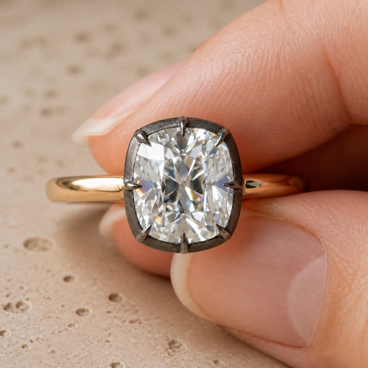 2.6 CT Cushion Lab-Grown Diamond Georgian-Inspired Black Collet Button-Back Engagement Ring
