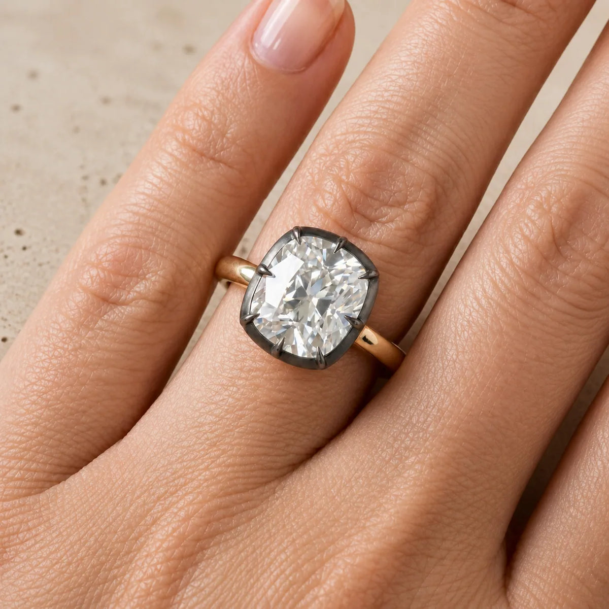 2.6 CT Cushion Lab-Grown Diamond Georgian-Inspired Black Collet Button-Back Engagement Ring