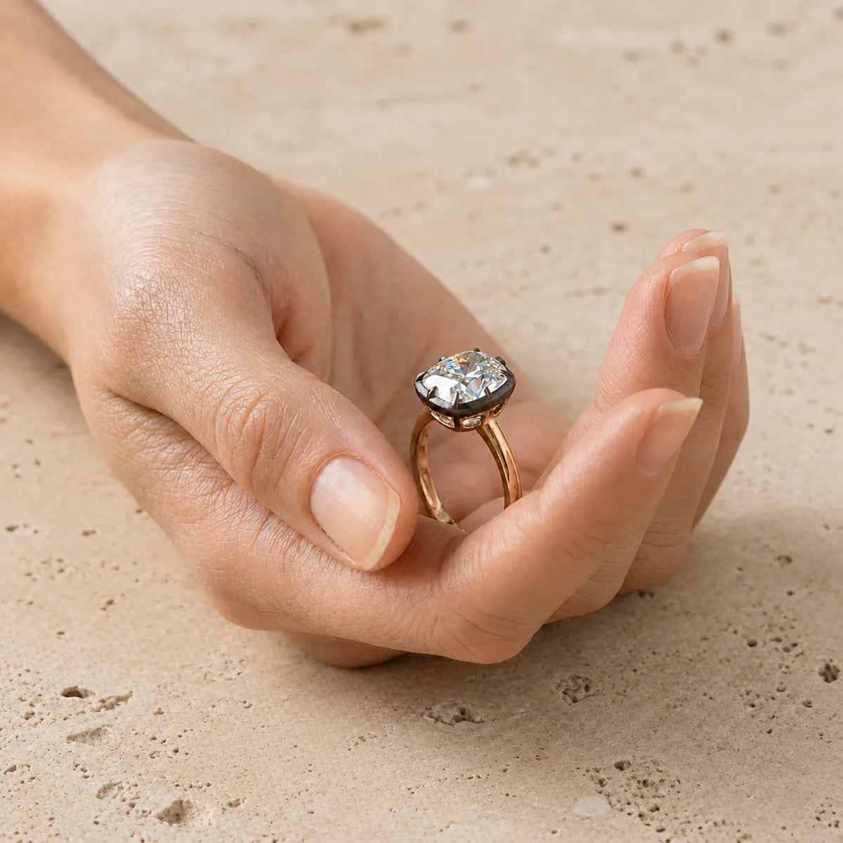 2.6 CT Cushion Lab-Grown Diamond Georgian-Inspired Black Collet Button-Back Engagement Ring