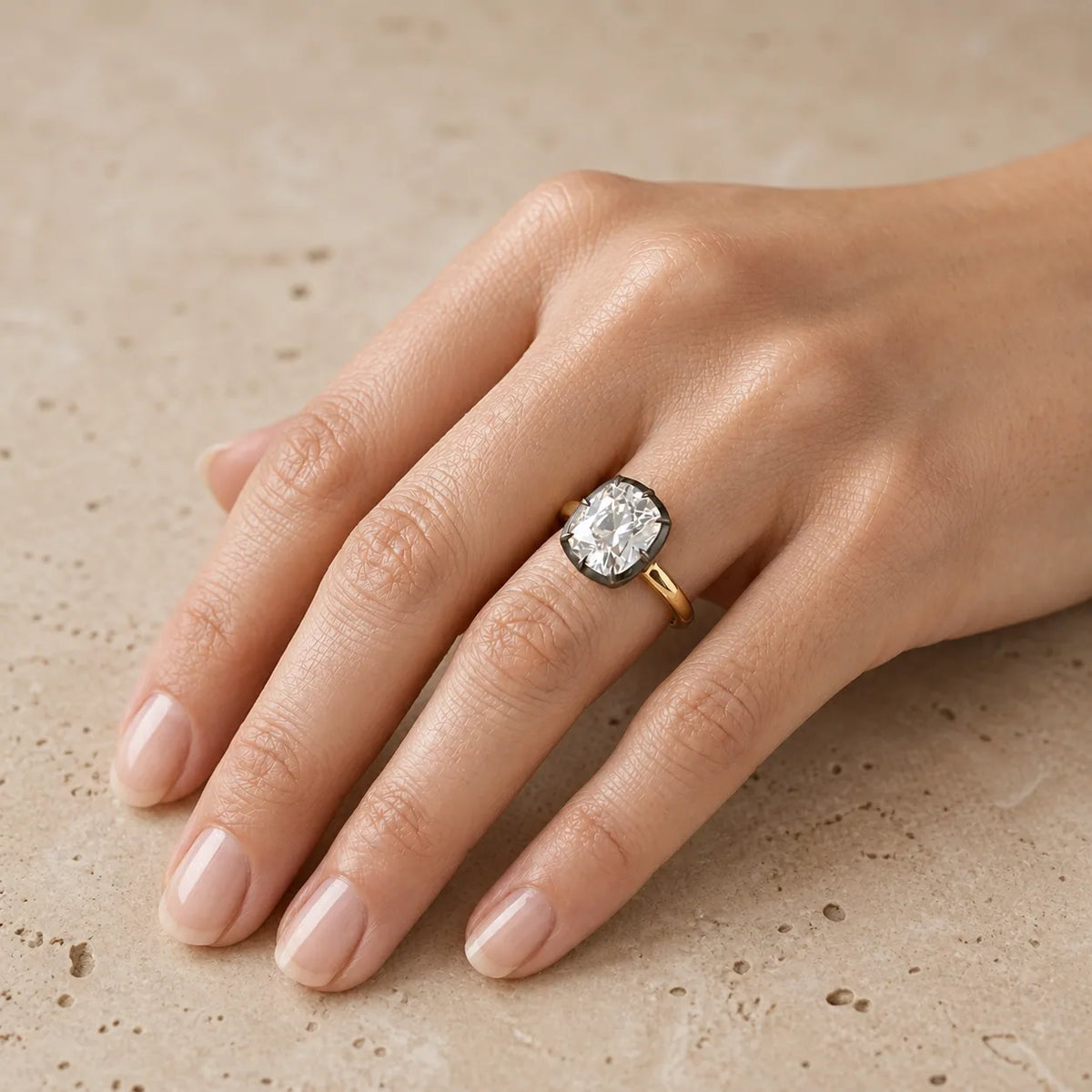 2.6 CT Cushion Lab-Grown Diamond Georgian-Inspired Black Collet Button-Back Engagement Ring