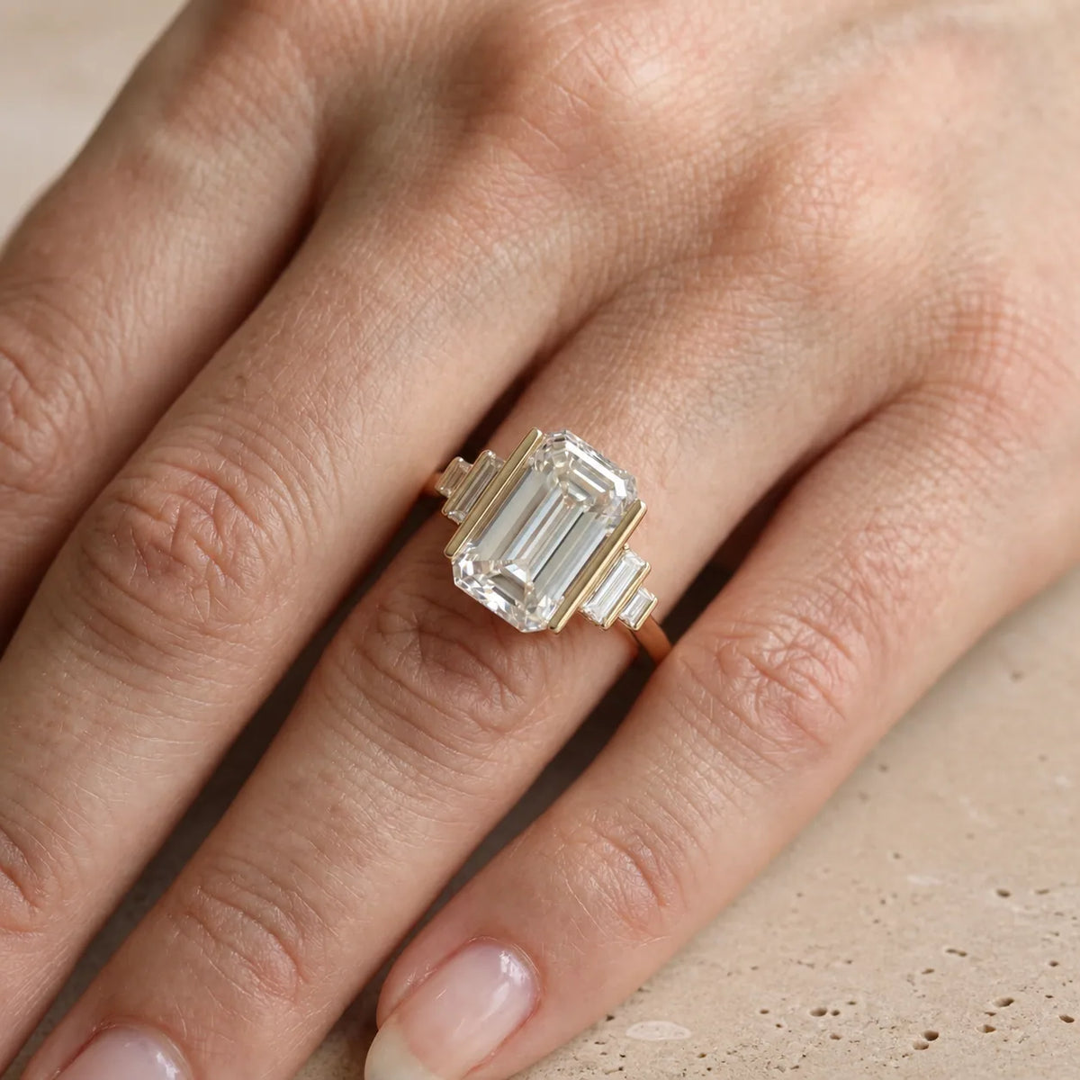 2.5 CT Emerald Cut Lab-Grown Diamond Five-Stone Bar-Set Engagement Ring