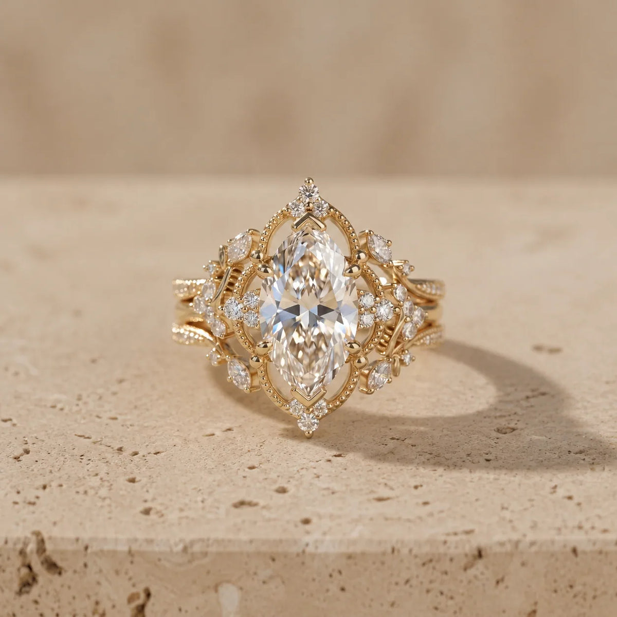 2.5 CT Marquise Cut Lab-Grown Diamond Nature-Inspired Double-Enhancer Bridal Ring Set