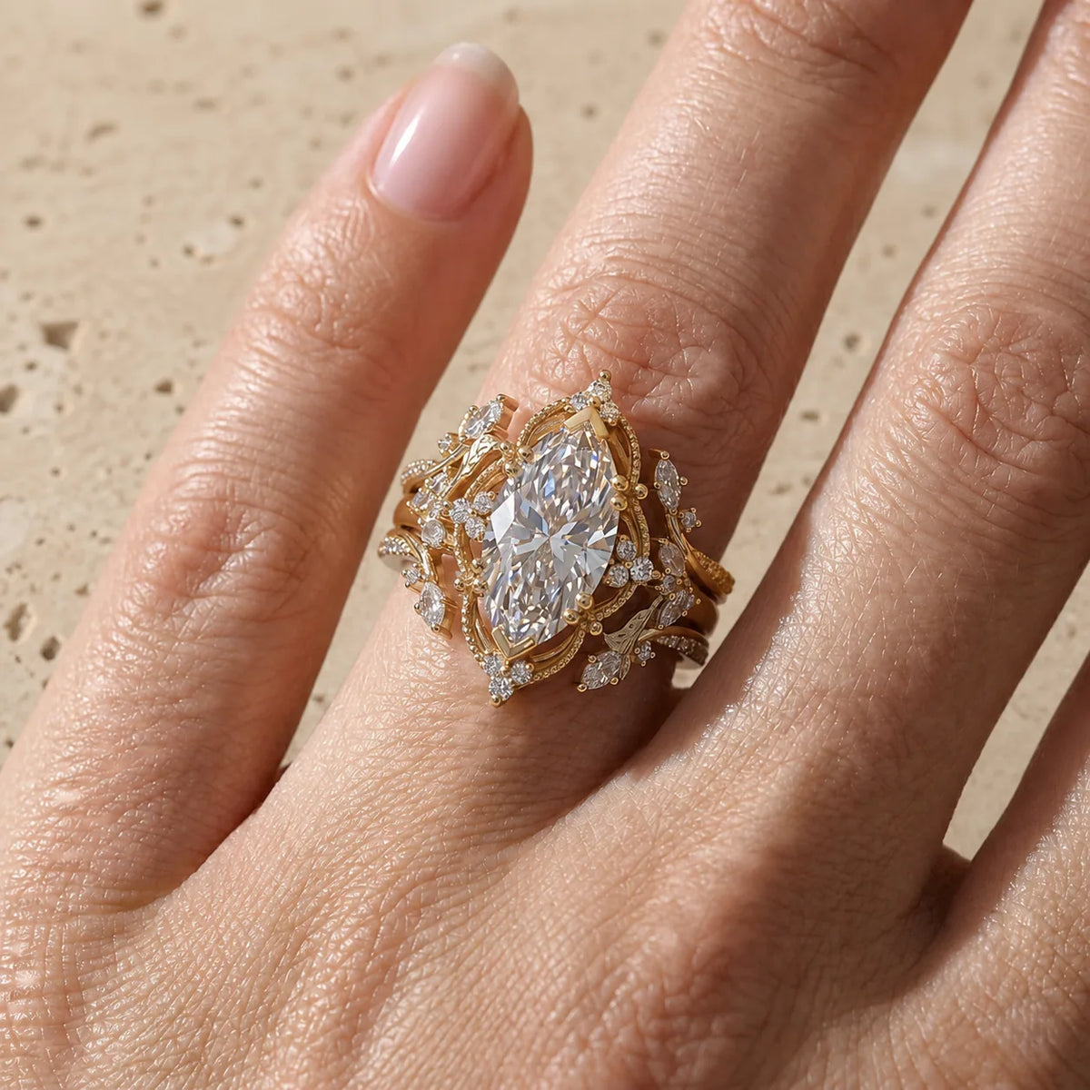 2.5 CT Marquise Cut Lab-Grown Diamond Nature-Inspired Double-Enhancer Bridal Ring Set