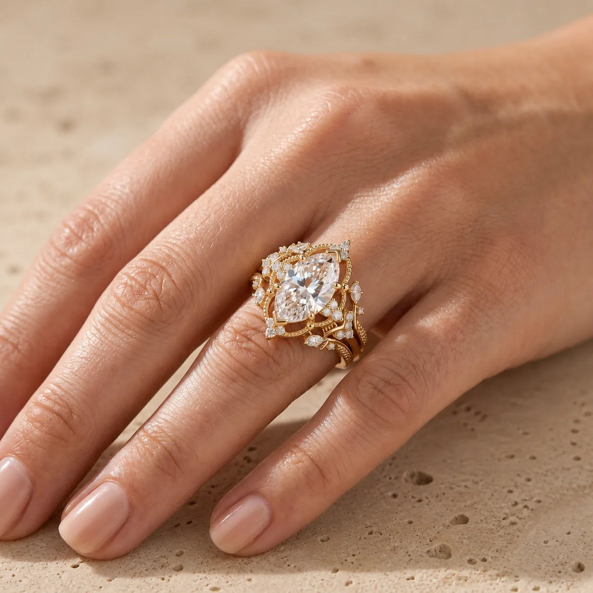 2.5 CT Marquise Cut Lab-Grown Diamond Nature-Inspired Double-Enhancer Bridal Ring Set