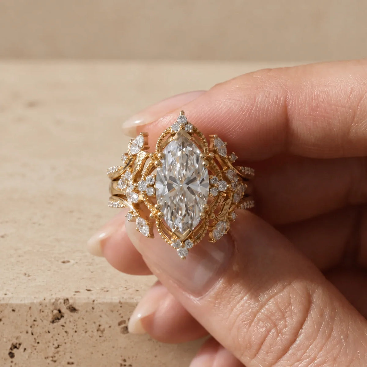 2.5 CT Marquise Cut Lab-Grown Diamond Nature-Inspired Double-Enhancer Bridal Ring Set