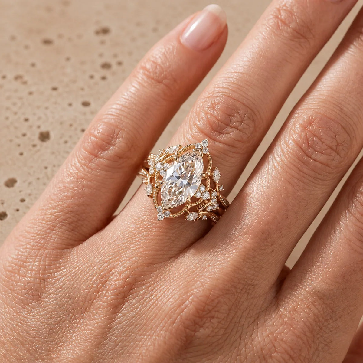 2.5 CT Marquise Cut Lab-Grown Diamond Nature-Inspired Double-Enhancer Bridal Ring Set